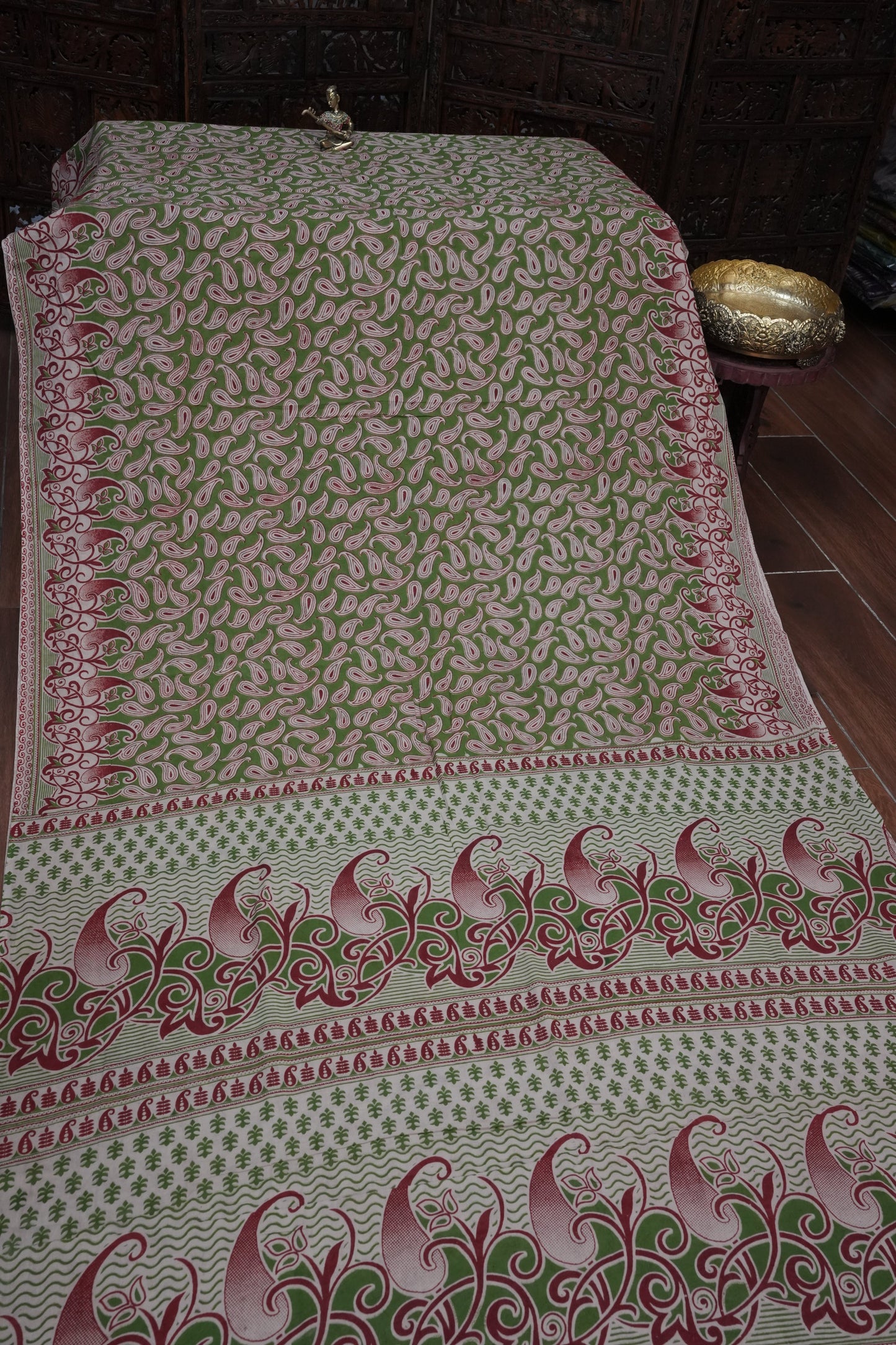 Pure Cotton Saree with Digital Kalamkari Prints - Green & Beige