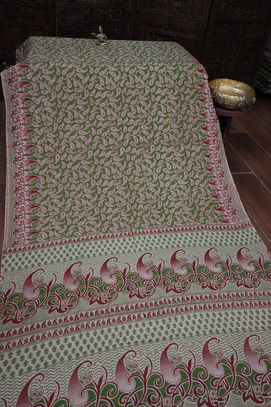 Pure Cotton Saree with Digital Kalamkari Prints - Green & Beige