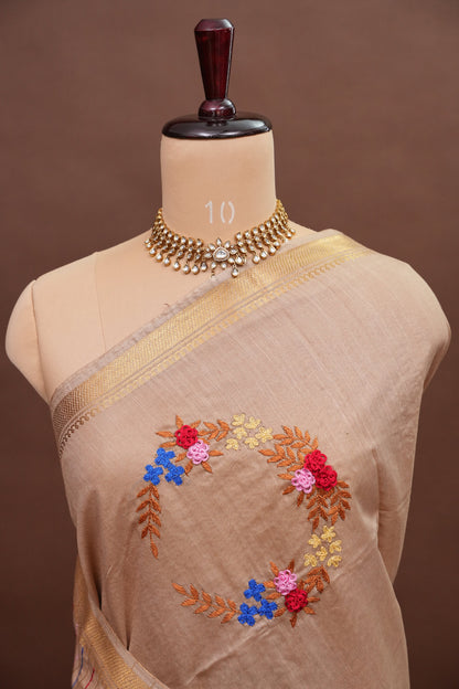 Hand Embroidery Pure Linen Silk Saree With Gold Zari Border - Beige Nude Shade