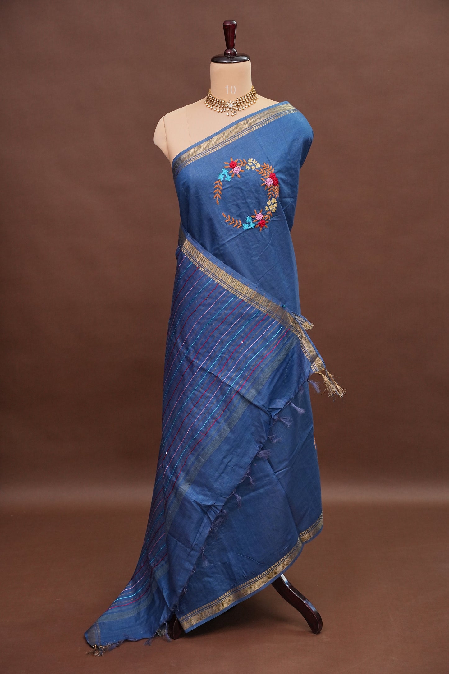 Hand Embroidery Pure Linen Silk Saree With Gold Zari Border - Steel Blue
