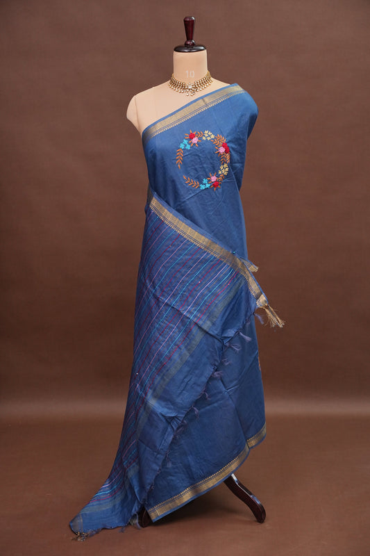 Hand Embroidery Pure Linen Silk Saree With Gold Zari Border - Steel Blue