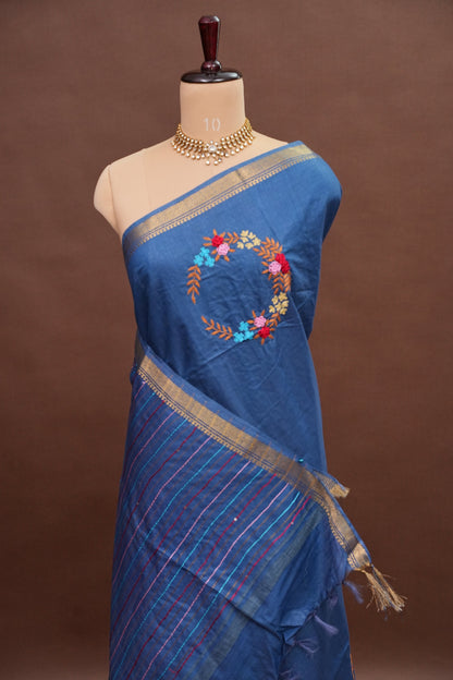 Hand Embroidery Pure Linen Silk Saree With Gold Zari Border - Steel Blue