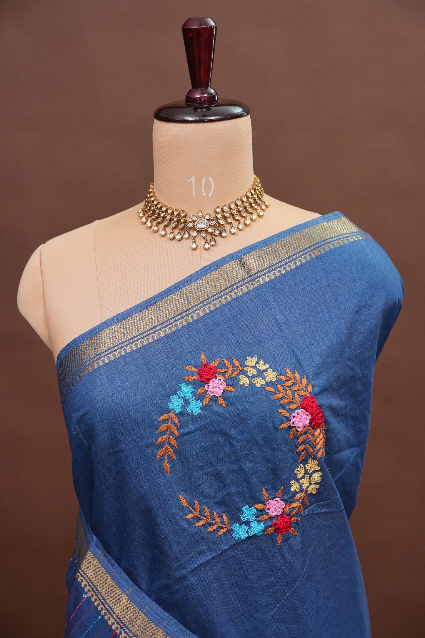 Hand Embroidery Pure Linen Silk Saree With Gold Zari Border - Steel Blue