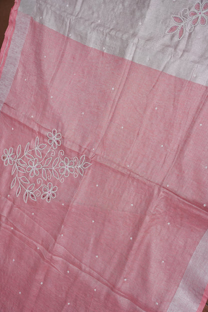 Hand Embroidered Pure Tissue Linen Silk Saree - Blush Pink