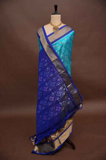 Pure Ikkat Soft Silk Saree - Teal Blue & Royal Blue