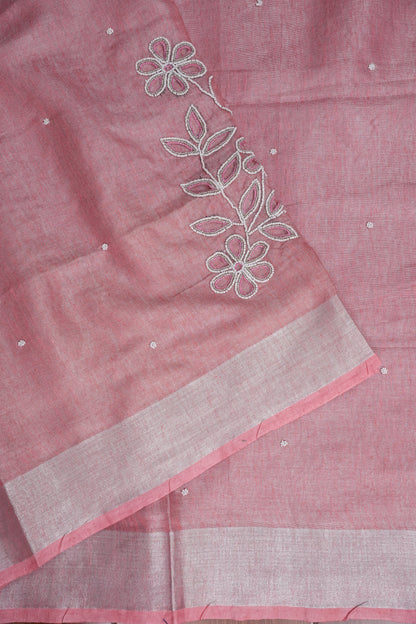 Hand Embroidered Pure Tissue Linen Silk Saree - Blush Pink