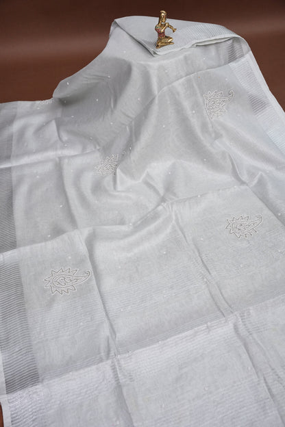 Hand Embroidered Pure Tissue Linen Silk Saree - Silver