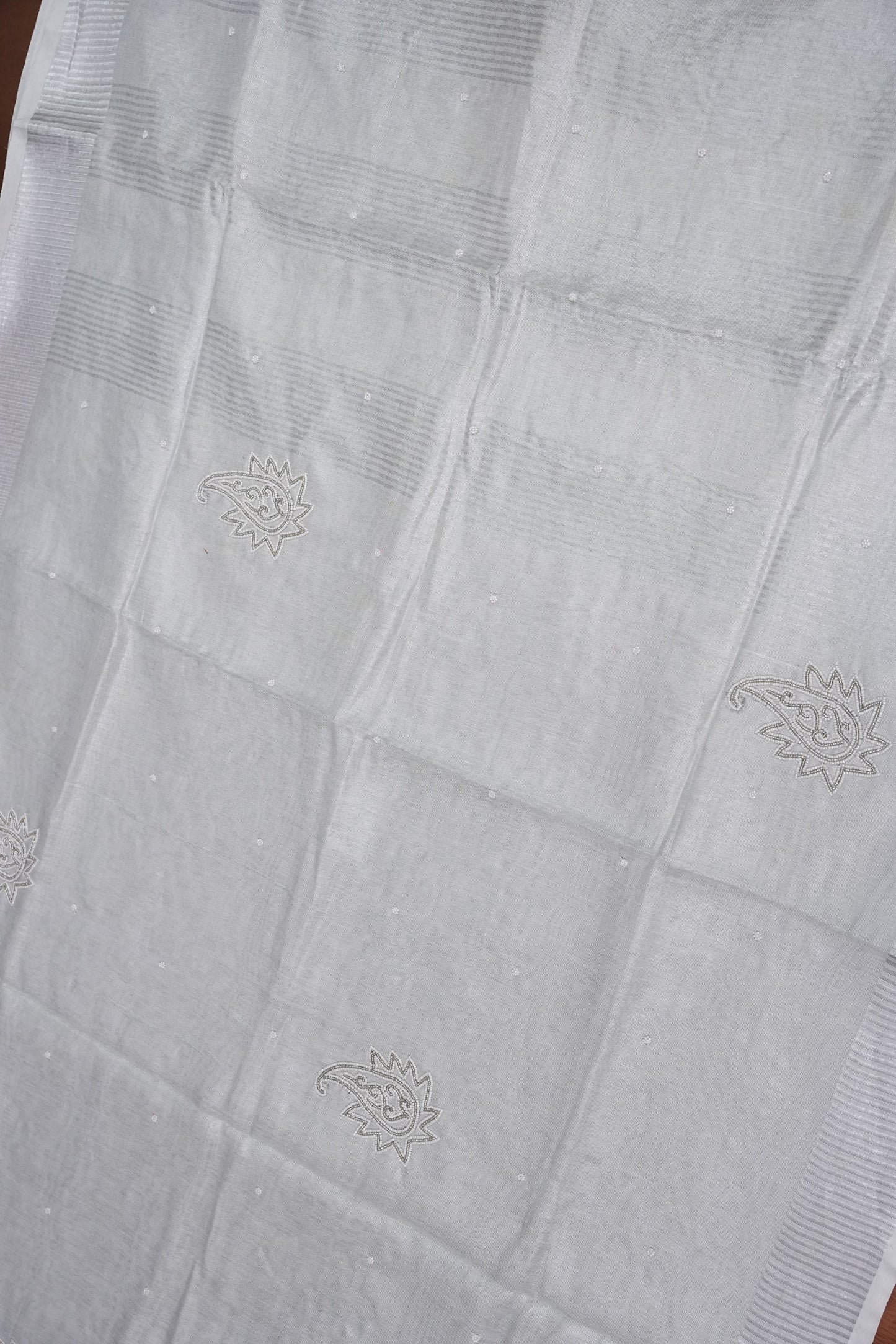 Hand Embroidered Pure Tissue Linen Silk Saree - Silver