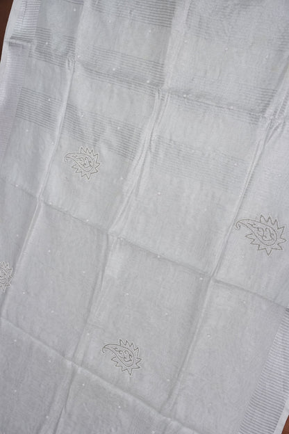 Hand Embroidered Pure Tissue Linen Silk Saree - Silver