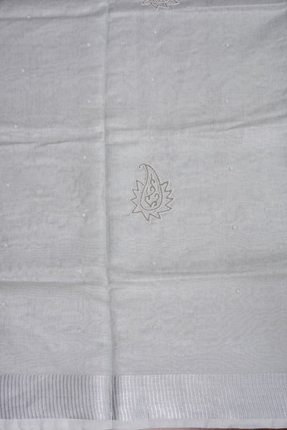 Hand Embroidered Pure Tissue Linen Silk Saree - Silver