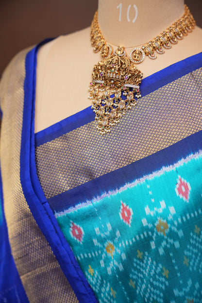 Pure Ikkat Soft Silk Saree - Teal Blue & Royal Blue