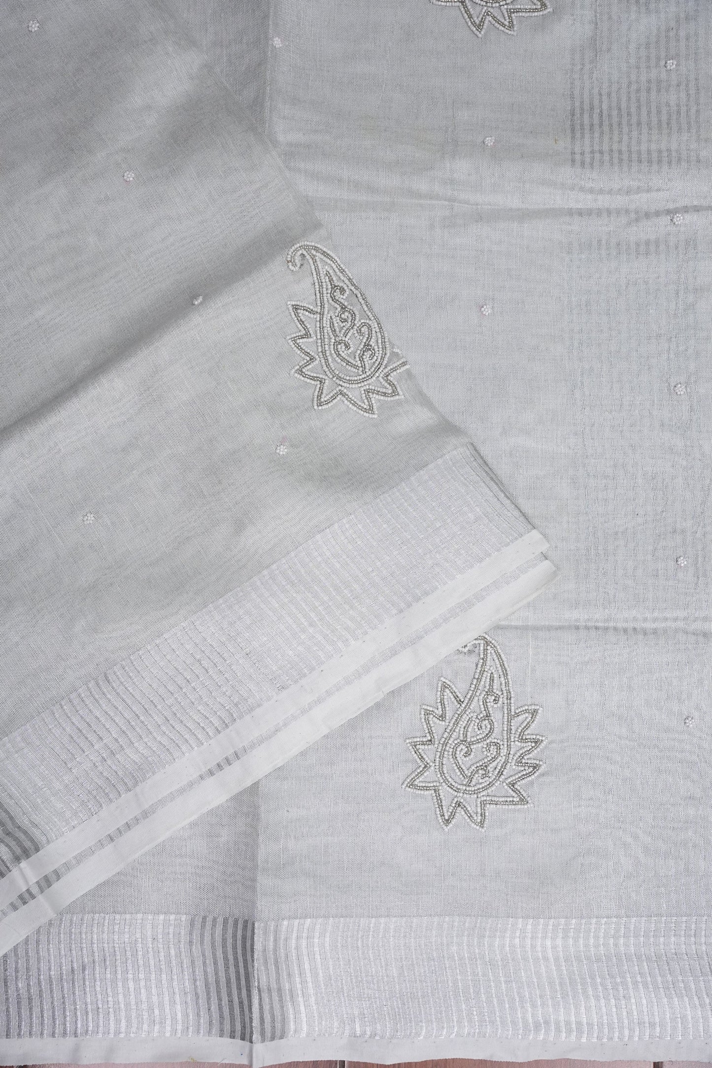 Hand Embroidered Pure Tissue Linen Silk Saree - Silver