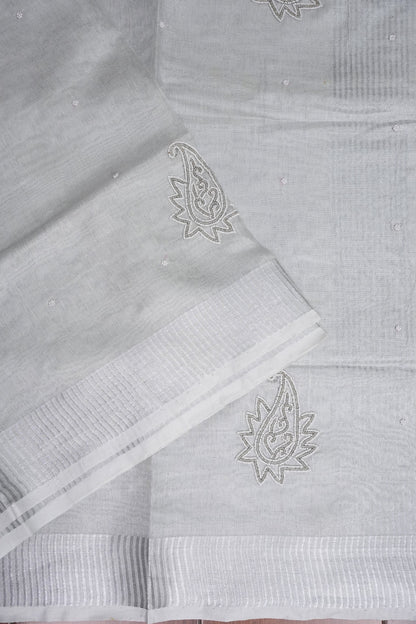 Hand Embroidered Pure Tissue Linen Silk Saree - Silver