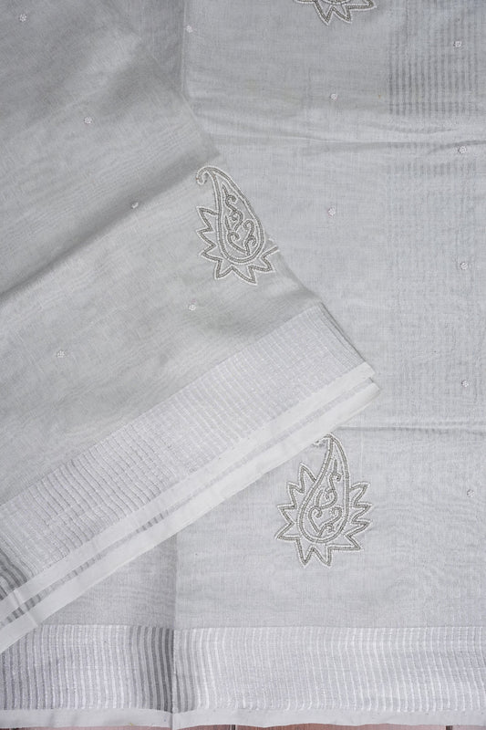 Hand Embroidered Pure Tissue Linen Silk Saree - Silver