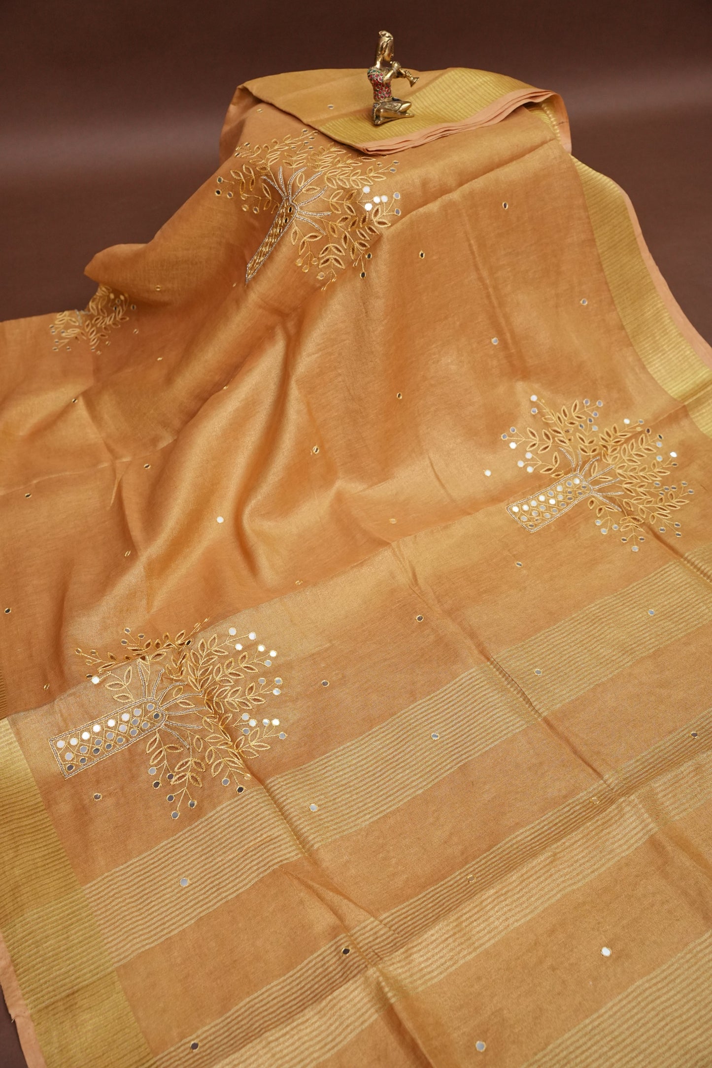 Hand Embroidered Pure Tissue Linen Silk Saree - Gold