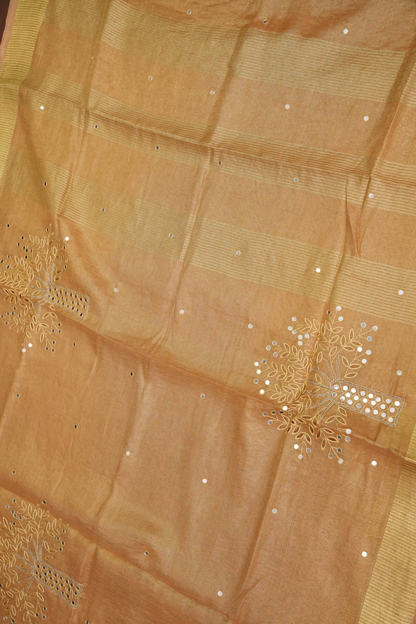 Hand Embroidered Pure Tissue Linen Silk Saree - Gold