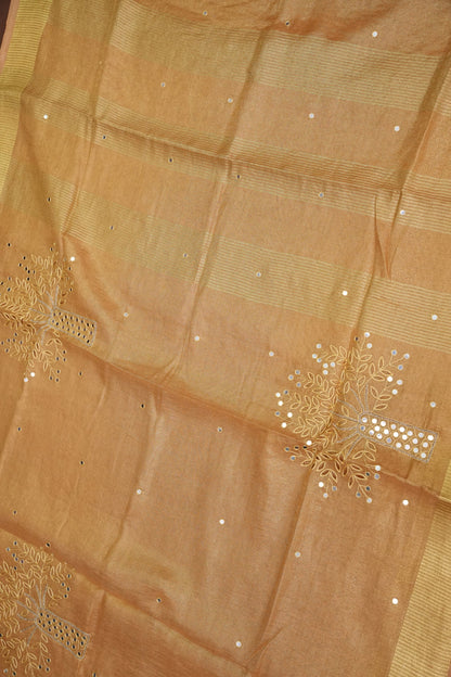 Hand Embroidered Pure Tissue Linen Silk Saree - Gold