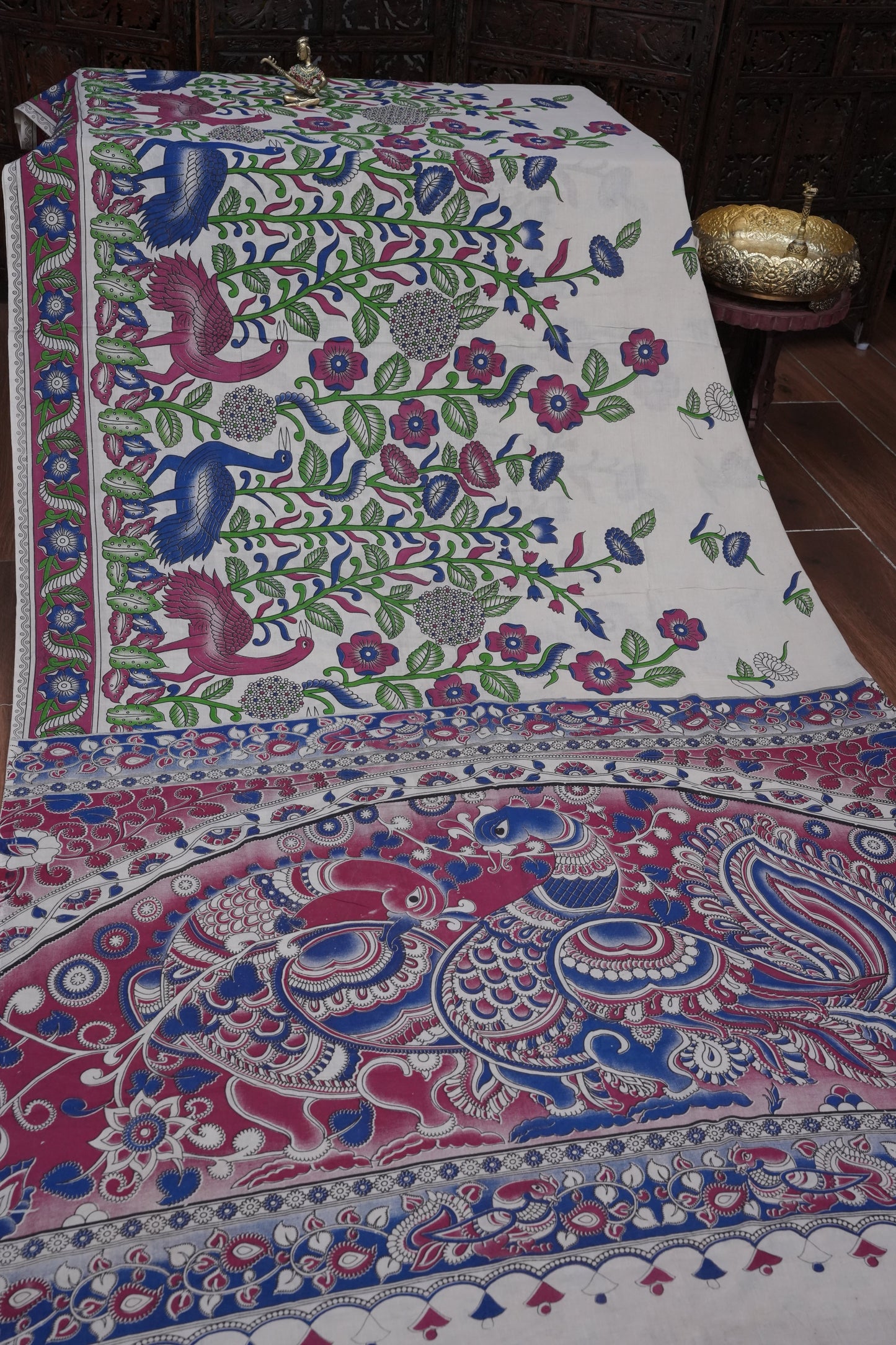 Pure Cotton Saree with Digital Kalamkari Prints – Ivory, Fuchsia Pink & Royal Blue