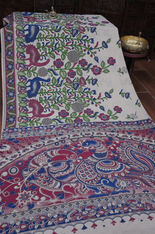 Pure Cotton Saree with Digital Kalamkari Prints – Ivory, Fuchsia Pink & Royal Blue