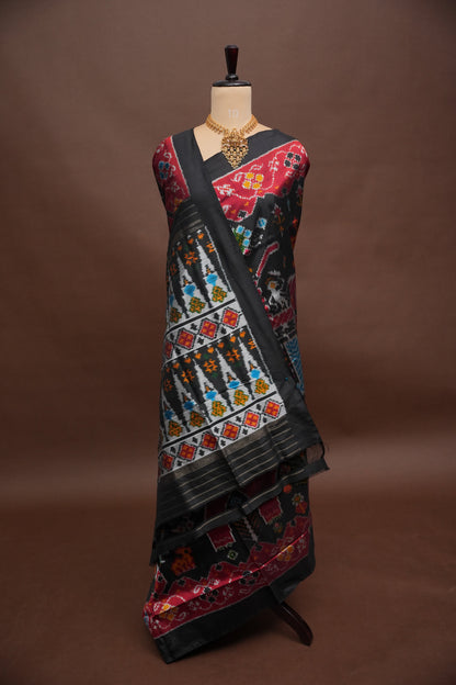Pure Ikkat Soft Silk Saree - Black with Multicolour