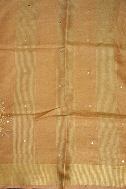 Hand Embroidered Pure Tissue Linen Silk Saree - Gold