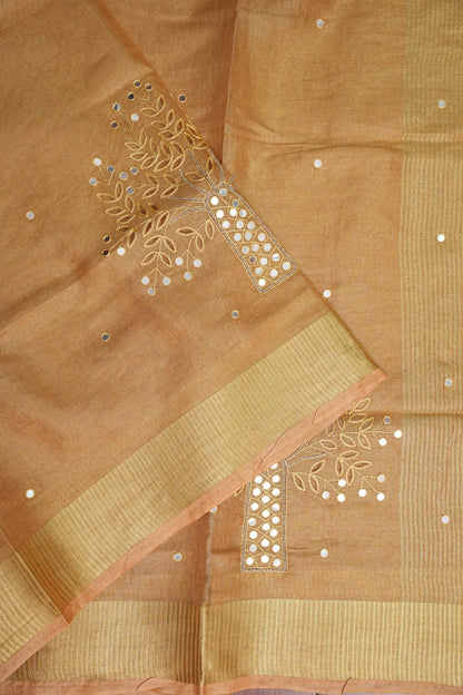 Hand Embroidered Pure Tissue Linen Silk Saree - Gold
