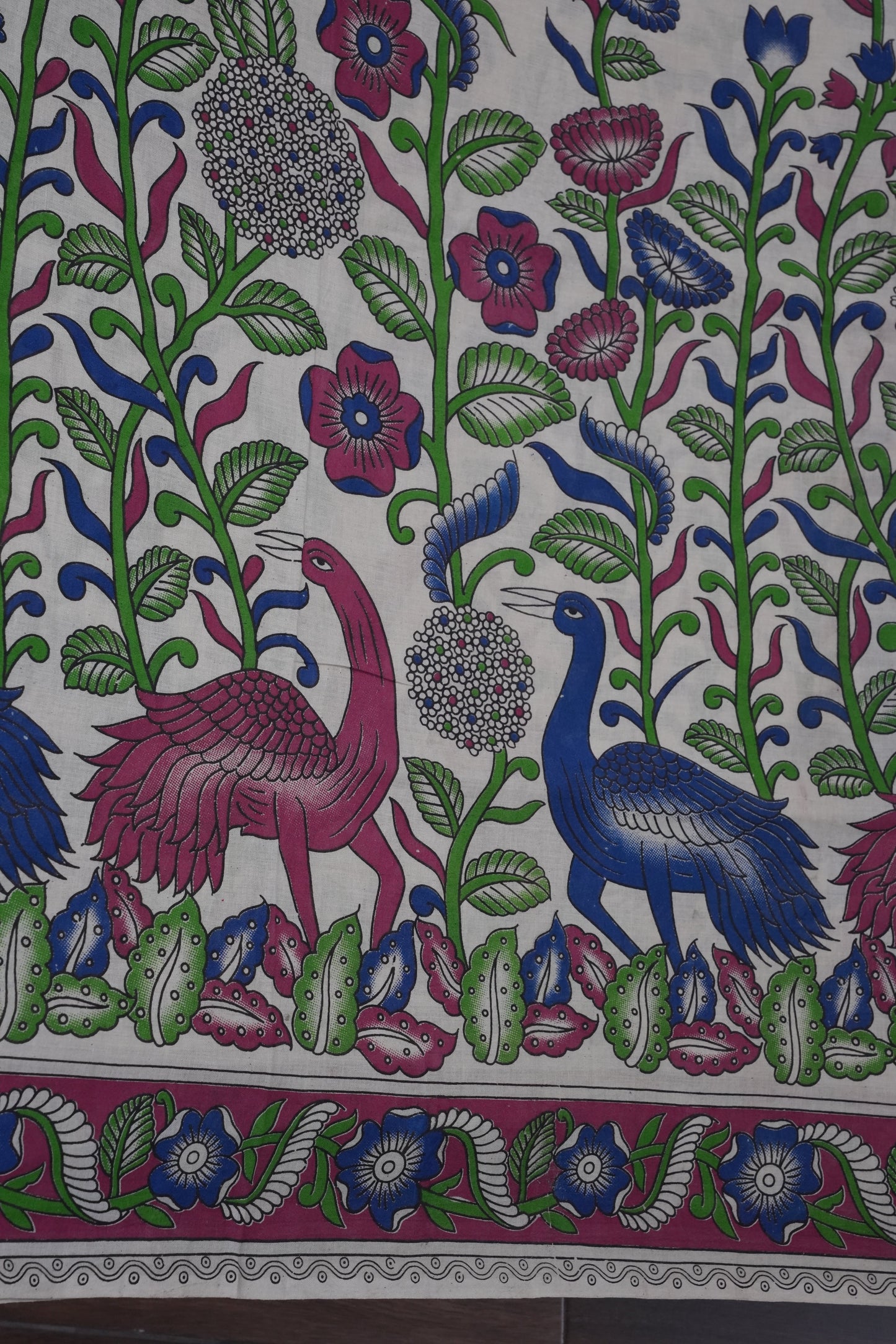 Pure Cotton Saree with Digital Kalamkari Prints – Ivory, Fuchsia Pink & Royal Blue