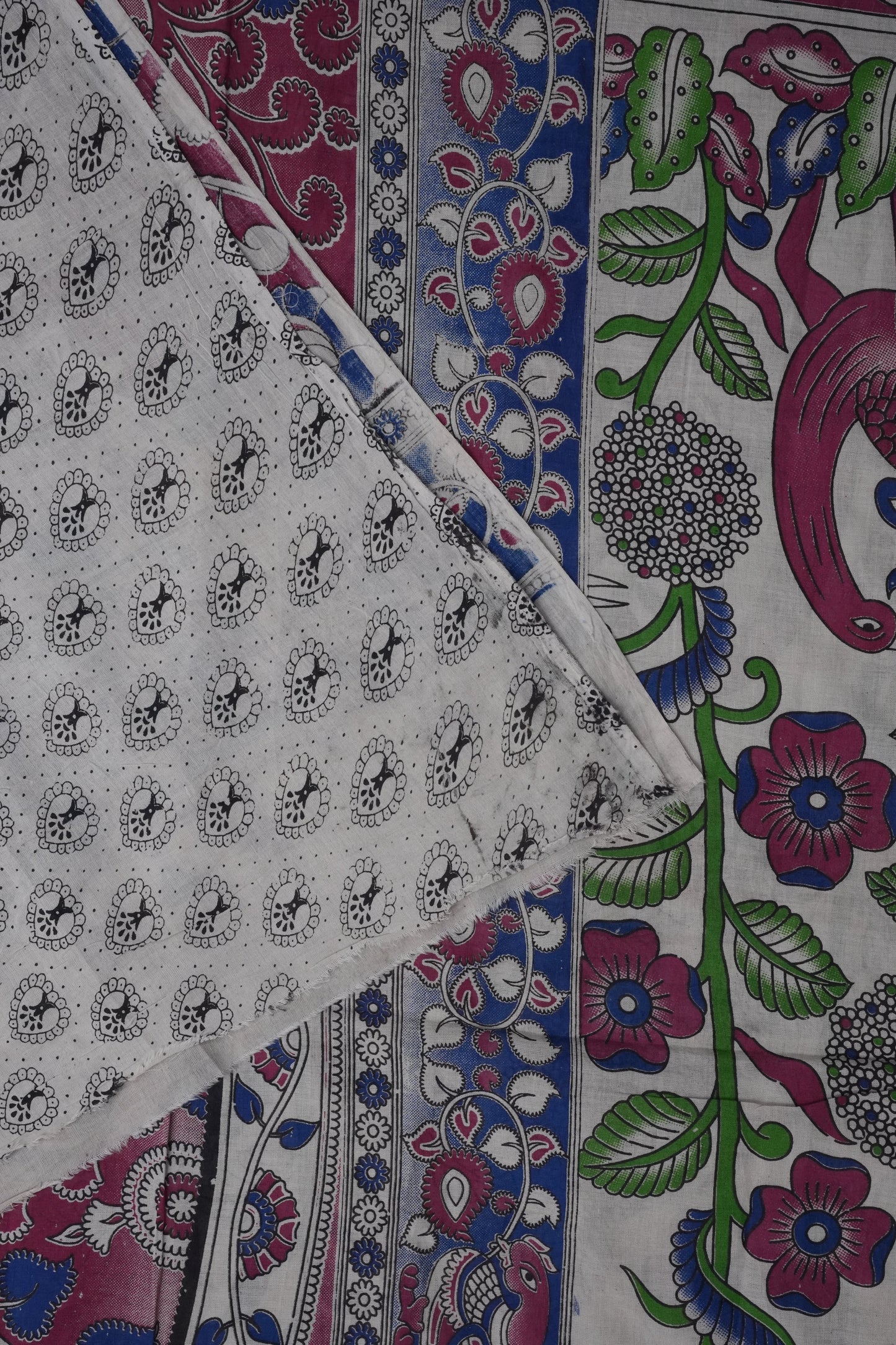 Pure Cotton Saree with Digital Kalamkari Prints – Ivory, Fuchsia Pink & Royal Blue