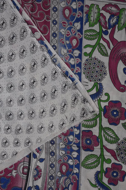 Pure Cotton Saree with Digital Kalamkari Prints – Ivory, Fuchsia Pink & Royal Blue
