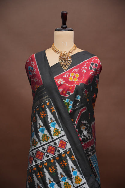 Pure Ikkat Soft Silk Saree - Black with Multicolour