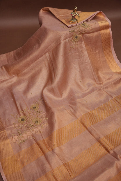 Hand Embroidered Pure Tissue Linen Silk Saree - Pinkish Peach