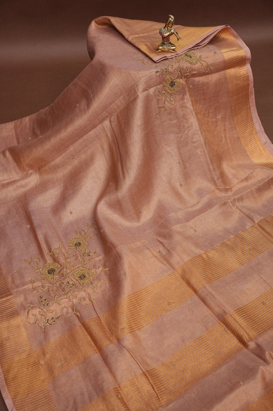 Hand Embroidered Pure Tissue Linen Silk Saree - Pinkish Peach