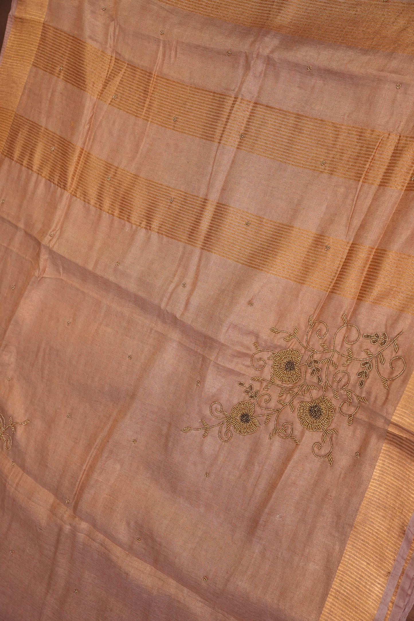 Hand Embroidered Pure Tissue Linen Silk Saree - Pinkish Peach
