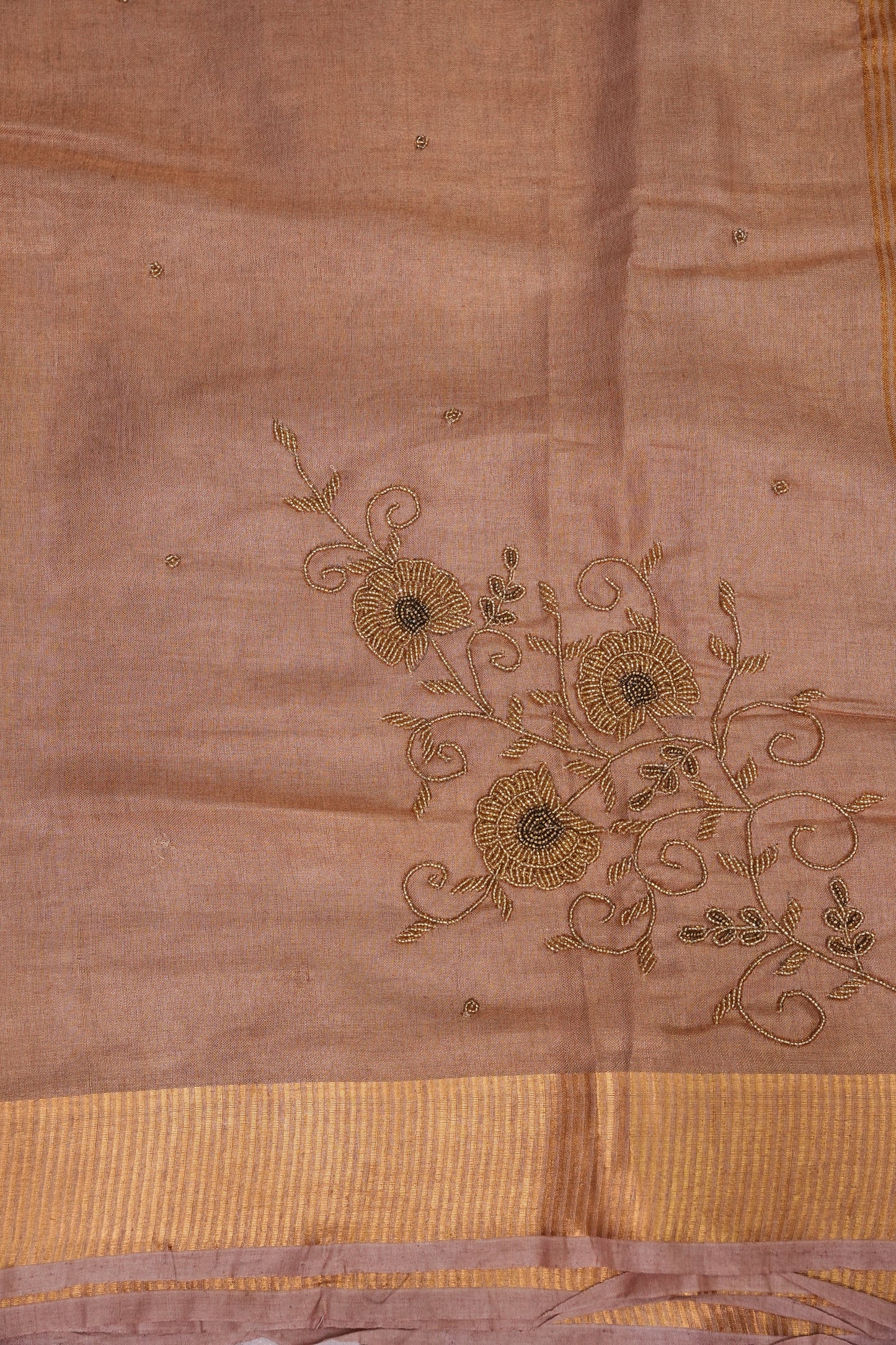 Hand Embroidered Pure Tissue Linen Silk Saree - Pinkish Peach