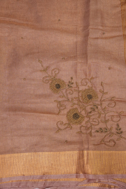 Hand Embroidered Pure Tissue Linen Silk Saree - Pinkish Peach