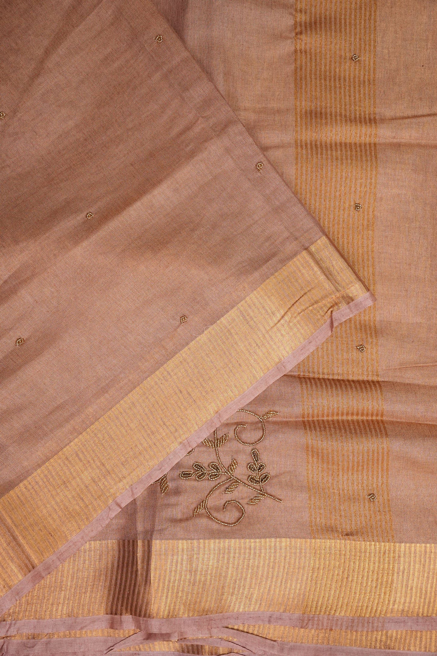 Hand Embroidered Pure Tissue Linen Silk Saree - Pinkish Peach