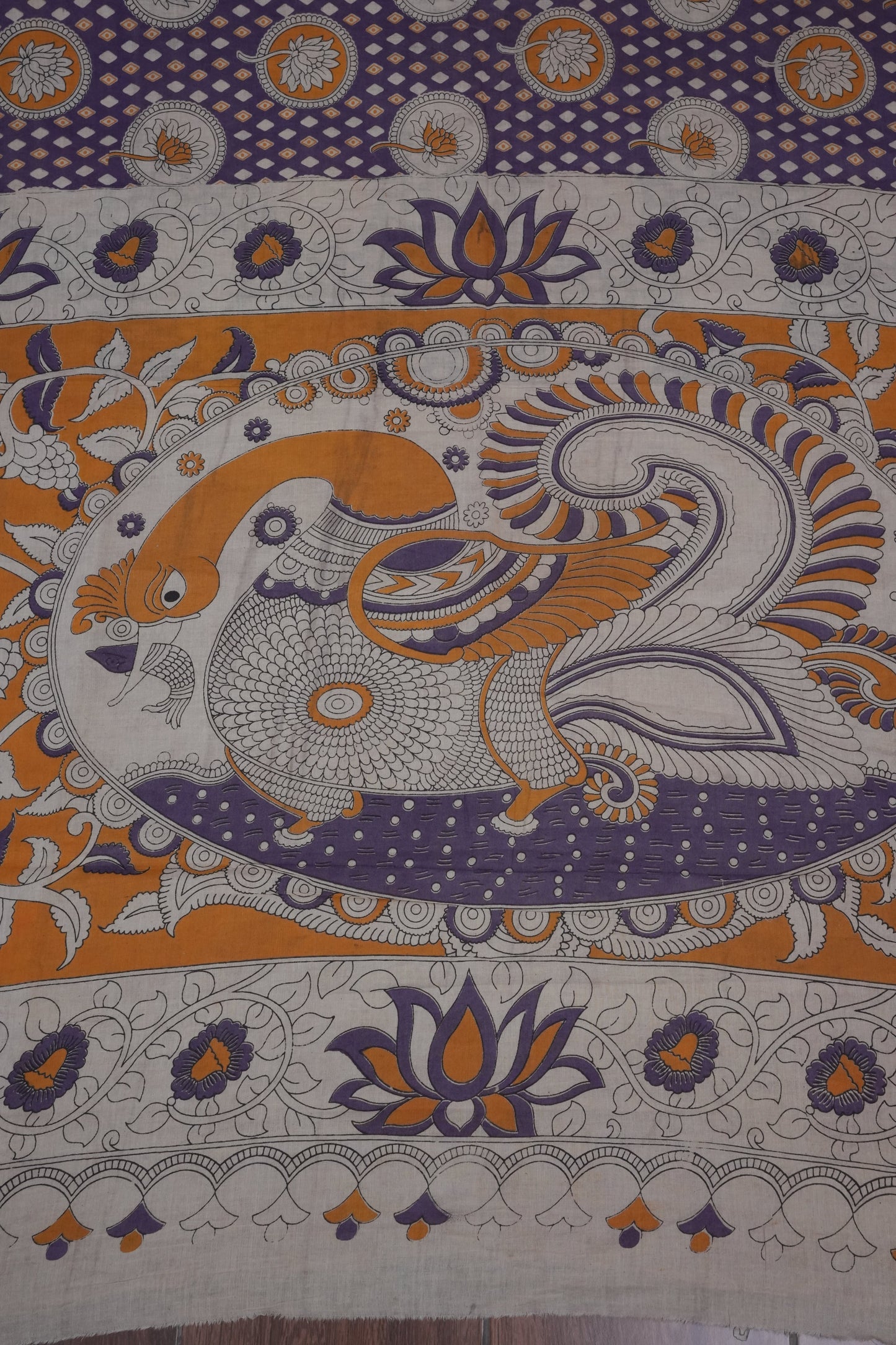 Pure Cotton Saree with Digital Kalamkari Prints – Purple & Mustard Gold