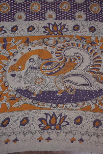Pure Cotton Saree with Digital Kalamkari Prints – Purple & Mustard Gold