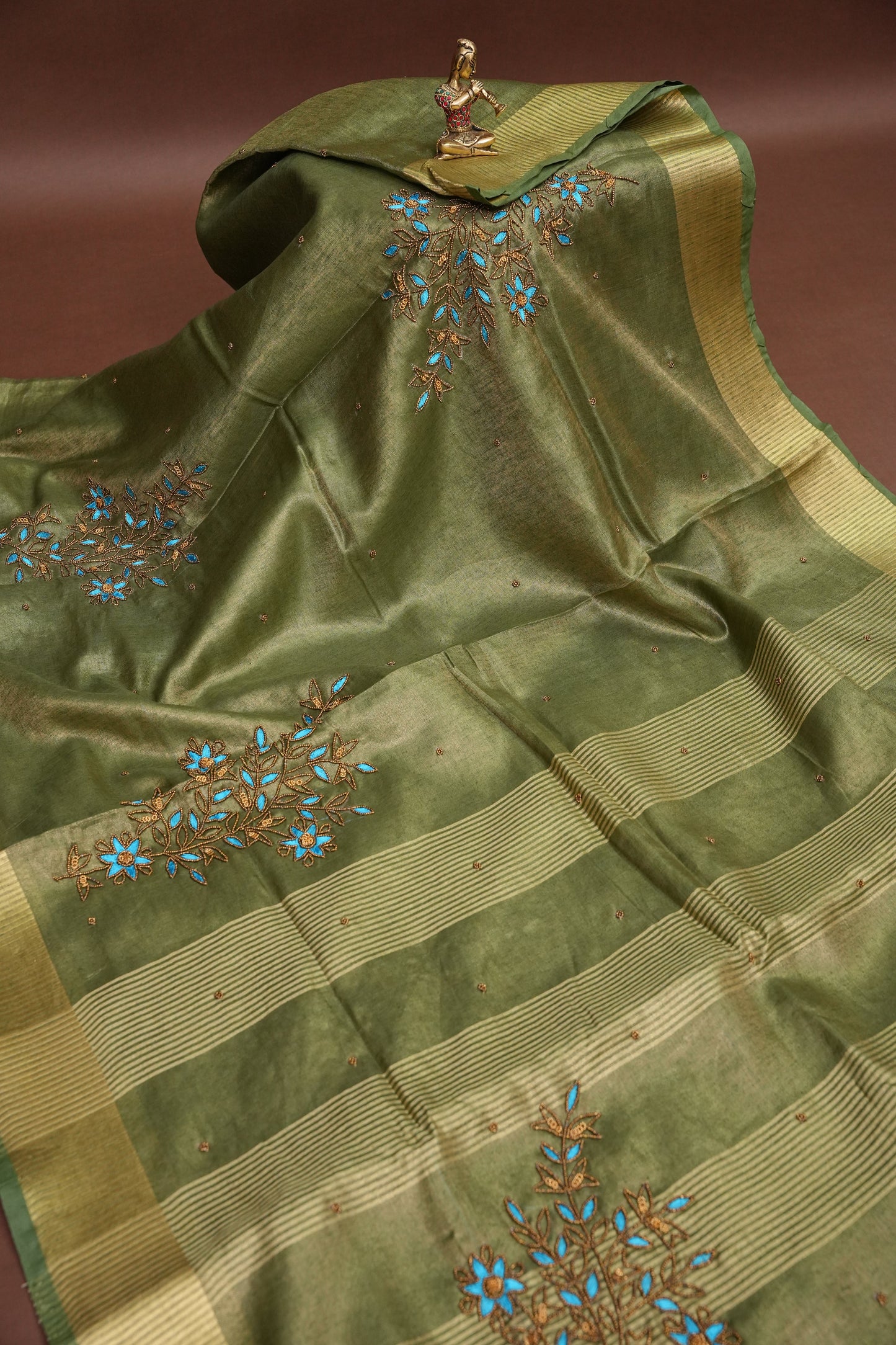 Hand Embroidered Pure Tissue Linen Silk Saree - Muted Olive Green