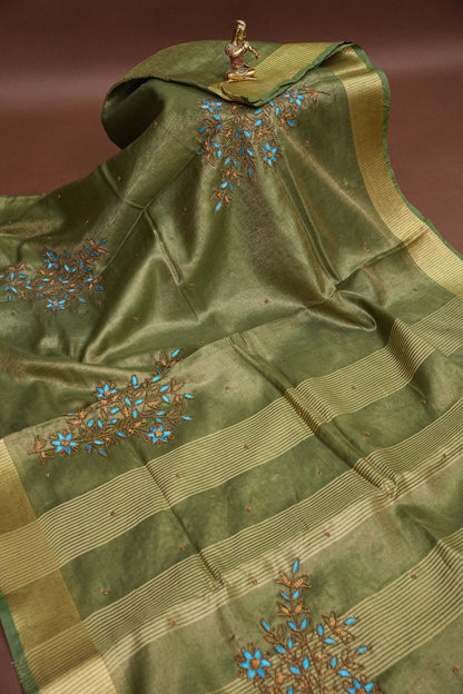 Hand Embroidered Pure Tissue Linen Silk Saree - Muted Olive Green