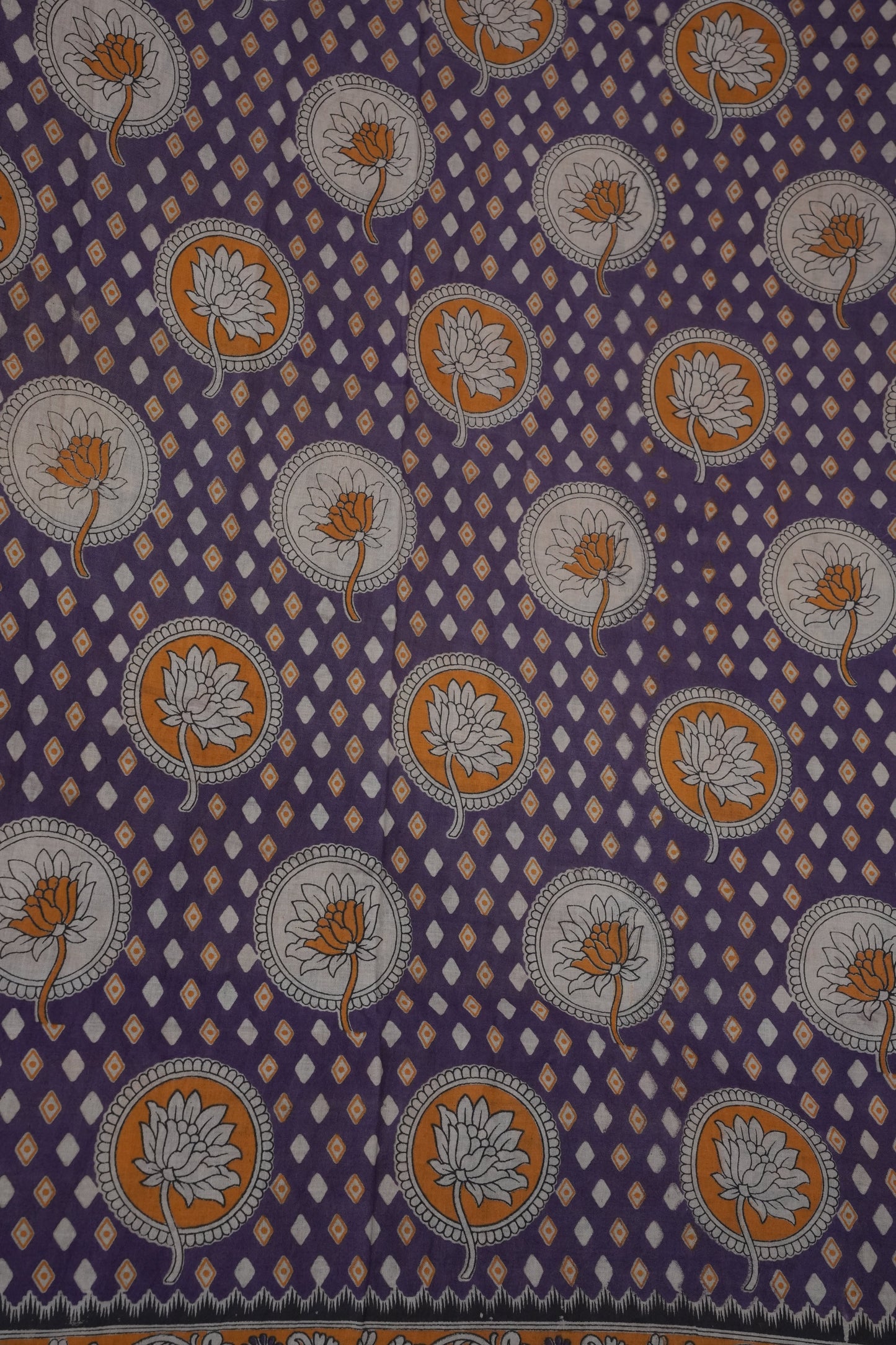 Pure Cotton Saree with Digital Kalamkari Prints – Purple & Mustard Gold