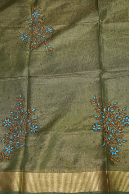 Hand Embroidered Pure Tissue Linen Silk Saree - Muted Olive Green
