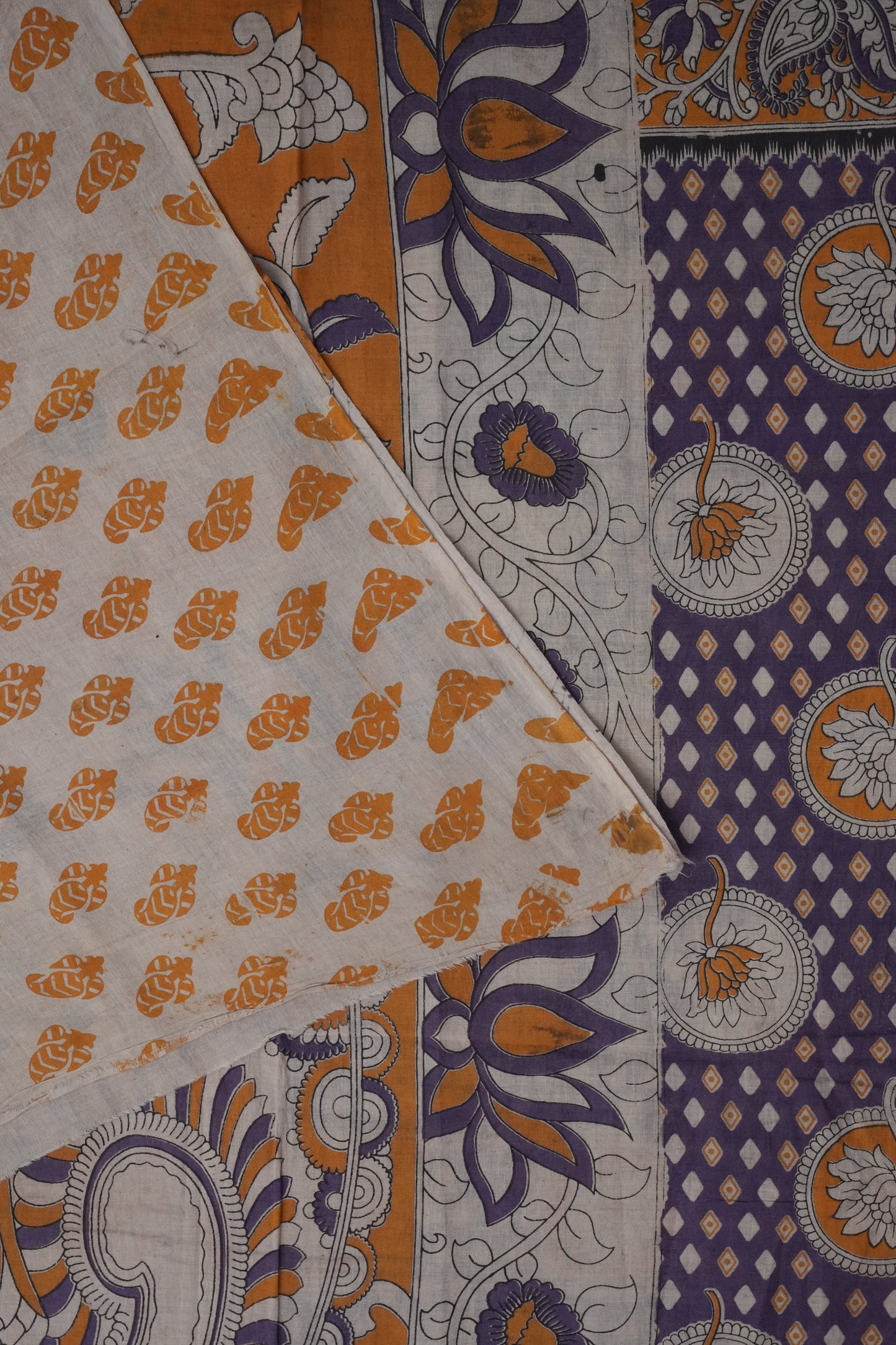 Pure Cotton Saree with Digital Kalamkari Prints – Purple & Mustard Gold