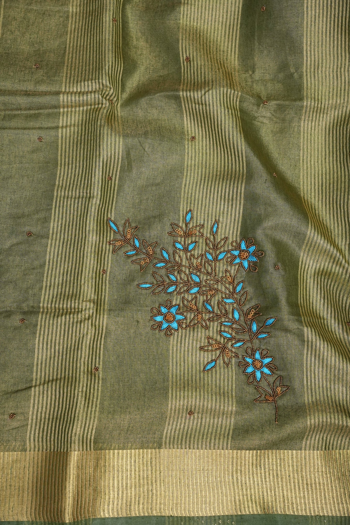 Hand Embroidered Pure Tissue Linen Silk Saree - Muted Olive Green