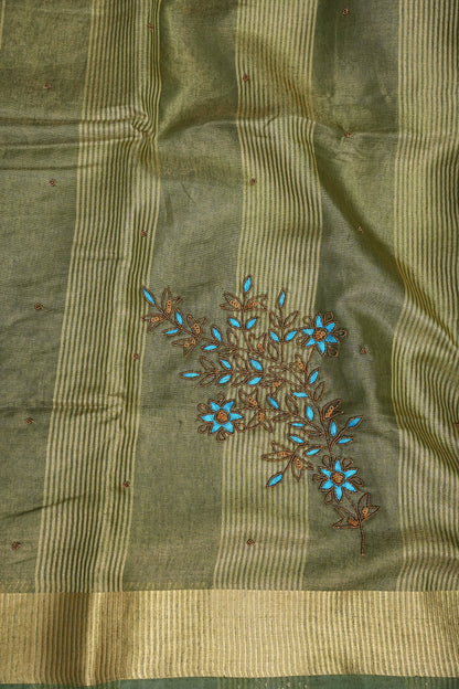 Hand Embroidered Pure Tissue Linen Silk Saree - Muted Olive Green