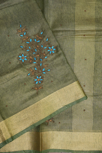 Hand Embroidered Pure Tissue Linen Silk Saree - Muted Olive Green