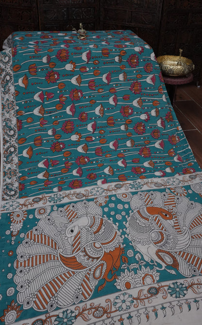 Pure Cotton Saree with Digital Kalamkari Prints – Teal Blue & Rust Orange