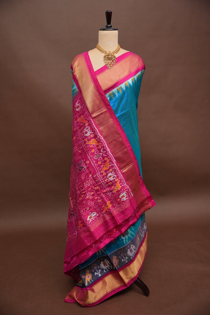 Pure Ikkat Soft Silk Saree - Teal Blue & Rani Pink