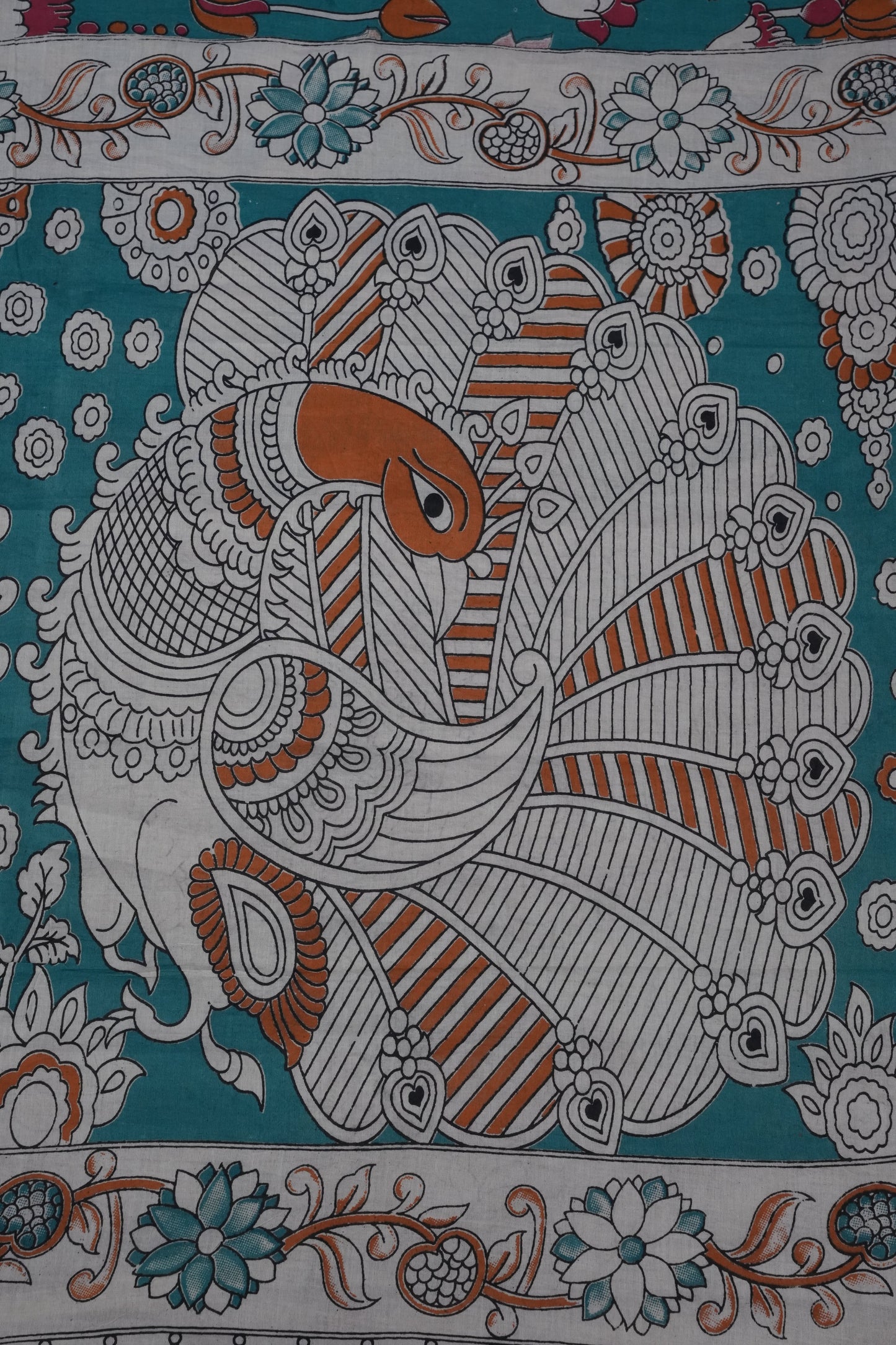 Pure Cotton Saree with Digital Kalamkari Prints – Teal Blue & Rust Orange