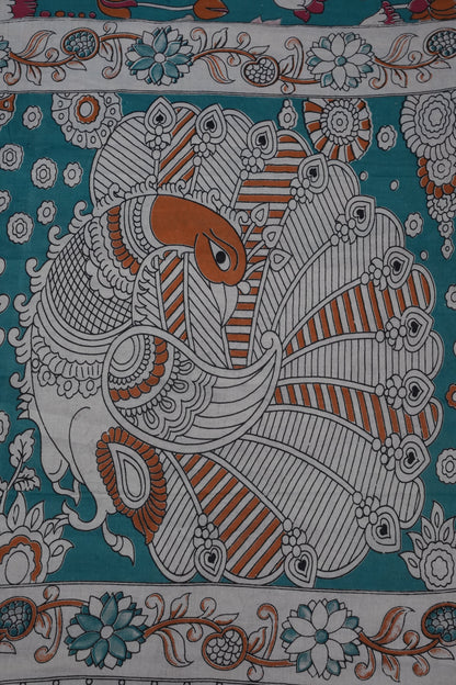 Pure Cotton Saree with Digital Kalamkari Prints – Teal Blue & Rust Orange